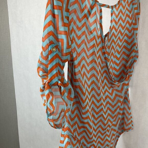Yahada Sheer Blouse Top Shirt Size Small Turquoise Orange Chevron 3/4 Sleeve - Picture 4 of 13